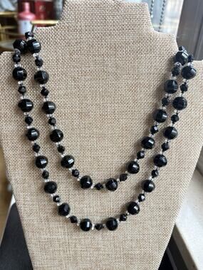 Vintage Art Deco Czech faceted Or Onyx jet Black Bead clear glass Necklace 38”